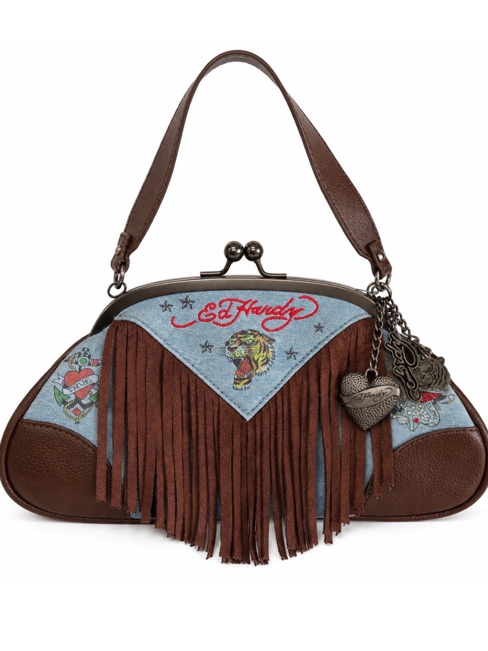 Ed Hardy Brown and Light Blue Denim Fringe Shoulder Bag with Charms